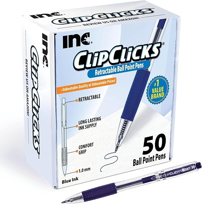 Inc. ClipClicks Retractable Ballpoint Pens - Bulk 1.0-mm Medium-Point Pen Set With Comfort Grip for School, Office, Writing, and Journaling, 50 Count, Blue