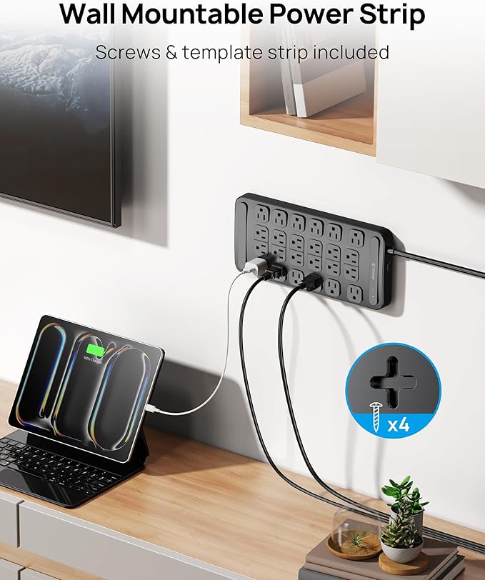 TROND Surge Protector Power Strip 360° Rotating Flat Plug, 24 AC Outlets, 4000 Joules, 6ft Heavy Duty Extension Cord 1875W, ETL Listed, Ideal for Gaming Office Home Dorm Room Essentials Black