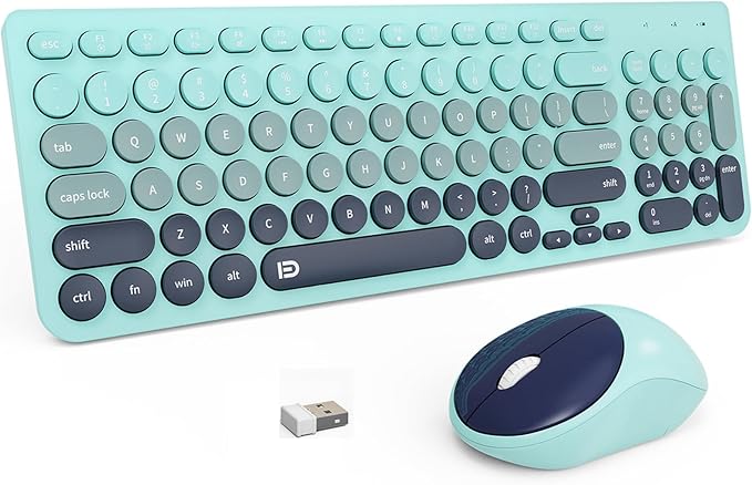 FD Wireless Keyboards and Mouse Combo - 2.4GHz USB Cordless, Cute Wireless Keyboard Round Keys, Quiet and Slim Set for Laptop, Computer, TV and Mac - Indigo Blue Colorful