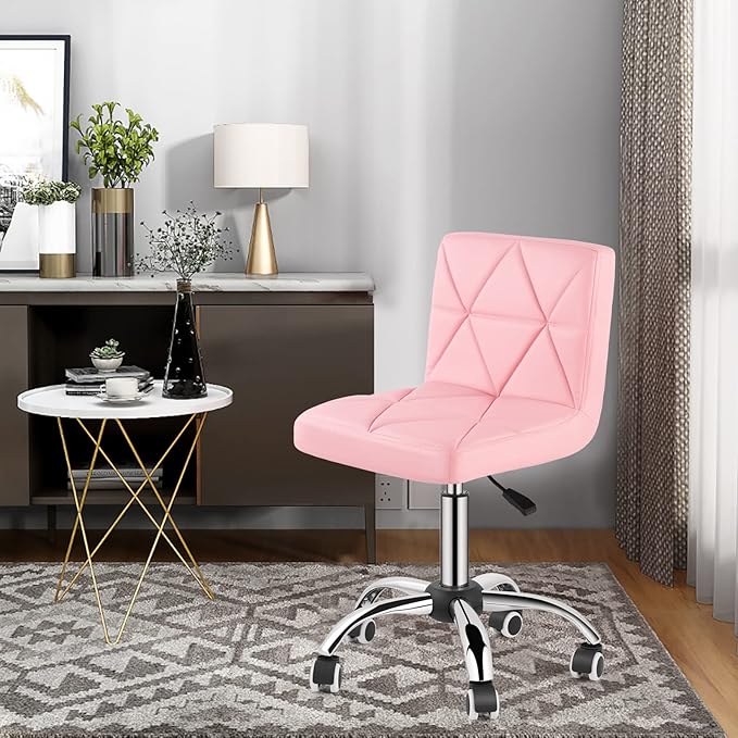 COSVALVE Armless Desk Chair, Mid Back Swivel Office Chair, Adjustable Task Chair with Rolling Wheels and Diamond Pattern, for Home Computer Barber, Pink