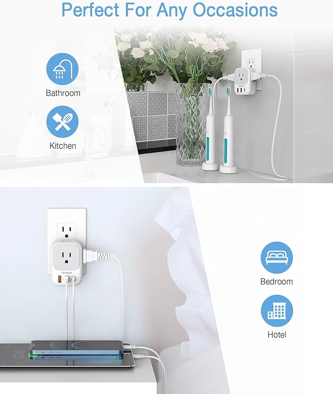 20W PD Multi Plug Adapter, TESSAN 3 USB Wall Charger Multiports (1 USB C Fast Charger), Cube Charging Station for Cruise, Home, Office, Dorm Essentials
