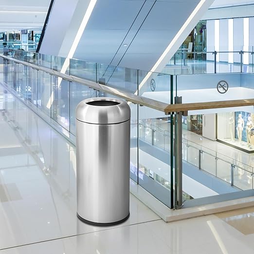 WICHEMI 16 Gallon Commercial Large Trash Can, Bullet Outdoor Trash Bin with Open Top Lid, Brushed Stainless Steel Garbage Can, Silver