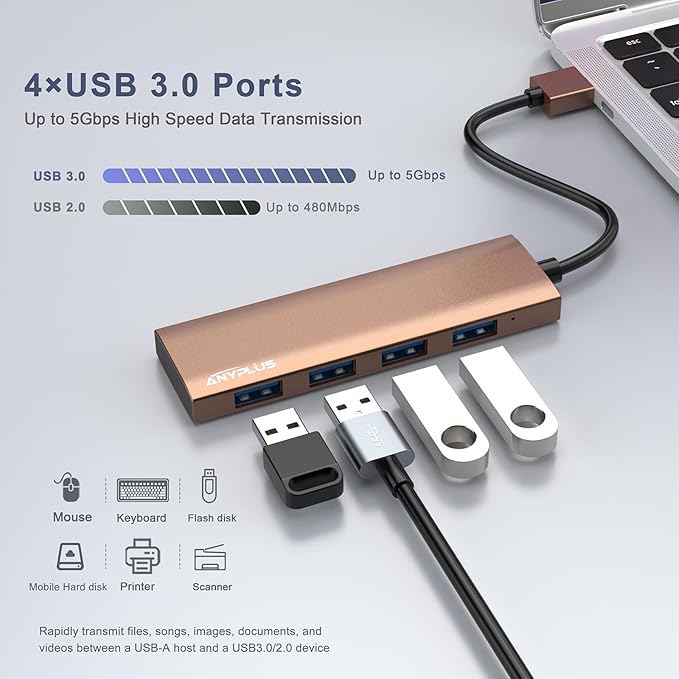 USB Hub, USB 3.0 Hub Aluminum Alloy Ultra Slim USB Splitter, Portable 4 Port USB Extender, USB Hub for Laptop, PC, MacBook, iMac, Surface Pro, Mac Pro, Flash Drive, XPS【Brown】
