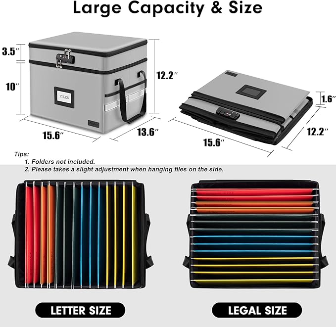Fireproof Document Box with Lock, 2-Layer File Box Storage Organizer with 5 Tabs& Insert, Portable File Cabinet Storage Box with Handle for Hanging Letter/Legal Size Folder/Certificate, Silver Grey