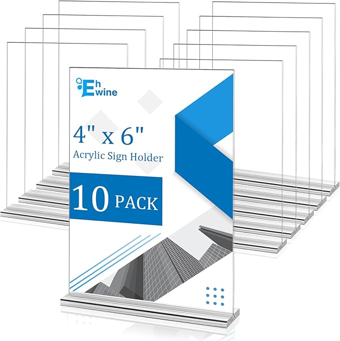 EHWINE 10 Pack Acrylic Sign Holder 4x6, Double-Sided Stand up Table Top Sign Holders, Clear Acrylic Picture Frame Paper Holder Display Stand for Office Business Store Wedding Party