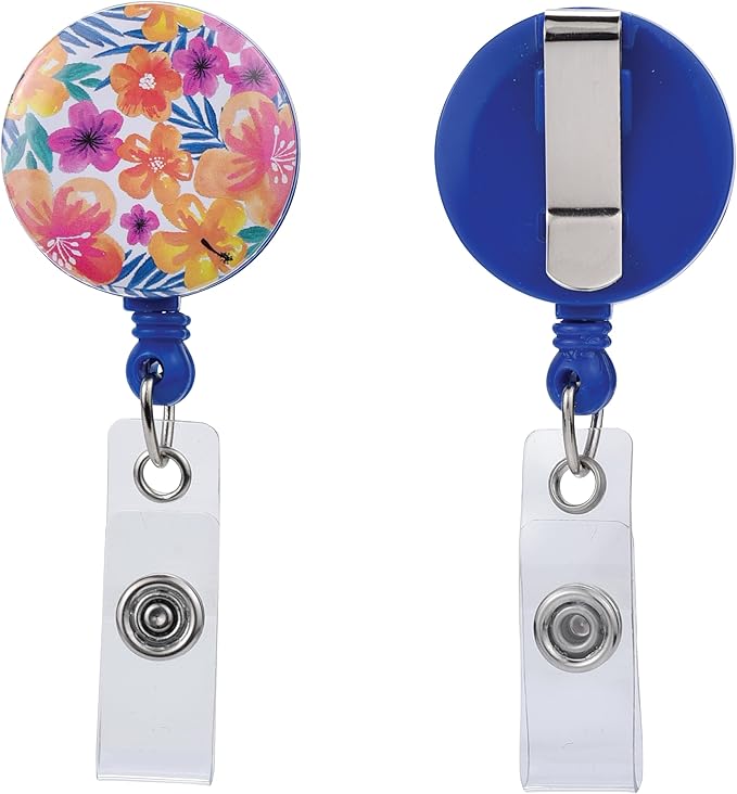 Will Well Badge Holders with Belt Clips for Securing onto Pockets and Purse Straps, with Retractable 27.5" UHMWPE Fiber Pull Cords, Strong Build with Fun Designs - 2-Pack, Floral Print
