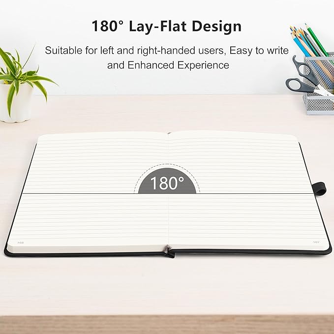 RETTACY Lined Journal Notebook, 2-Pack, 192 Numbered Pages per Pack, A5 Medium Size (5.7'' x 8.3''), for Men & Women, Writing, Work, Leather Hardcover, 100 GSM Thick Paper (Black & Black)
