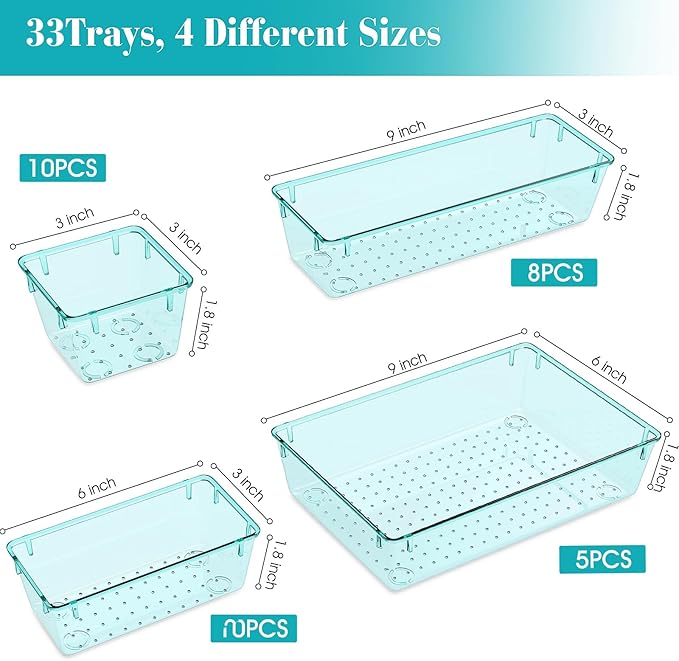 33 PCS Clear Plastic Drawer Organizers Set, 4 Size Desk Drawer Organizer Trays for Makeup, Jewelry, Kitchen Utensils, Gadgets and Office Accessories, Sea Blue