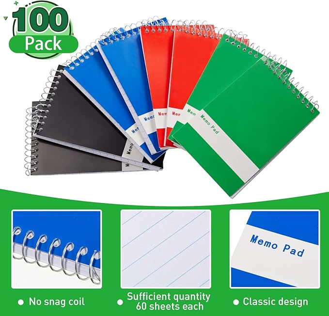Thenshop 100 Pads Spiral Memo Bulk 3'' x 5'' Top Bound Memo Book 60 Sheets Small Mini Notebooks Lined Wire Bound Pocket Steno Book for Home, Office, School (Black,Green,Dark Blue,Red)