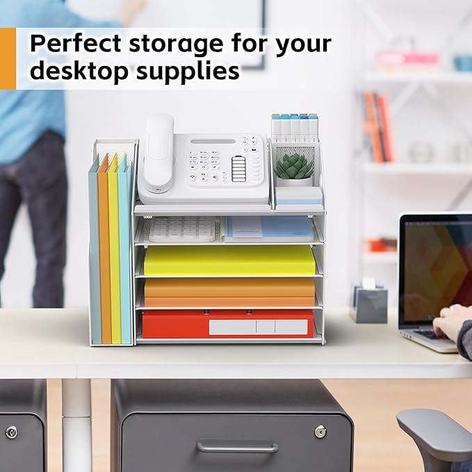 DocNest 5 Tier Paper Letter Tray File Organizer, Mesh Desk File with Handle, Workspace Desk Organizers with Pen Holder, Office Organization Storage Accessories - White