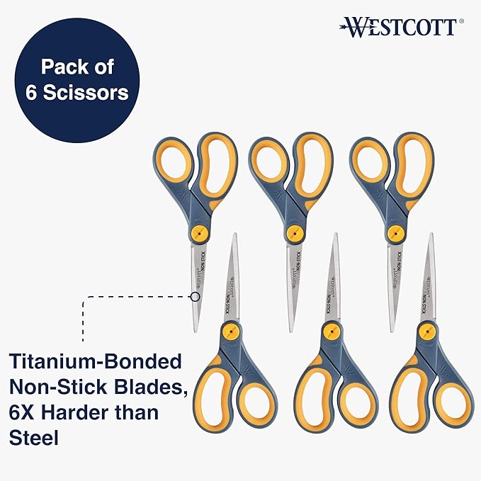 Westcott ‎17597 8-Inch Non-Stick Titanium Scissors For Office and Home, Blue/Gray, 6 Pack