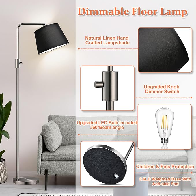 【Upgraded】 Dimmable Floor Lamp, 1000 Lumens LED Edison Bulb Included, Brushed Nickel Arc Floor Lamps Modern Standing Lamp with Black Shade, Tall Lamps for Living Room Bedroom
