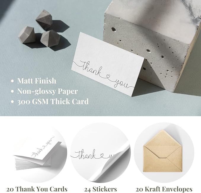 Thank You Cards with Kraft Envelopes and Stickers, Bulk Pack of 20, 4x6 Inch Professional Looking - Suitable for Business, Baby Shower, Wedding, Small Business, Graduation, Bridal Shower, Funeral