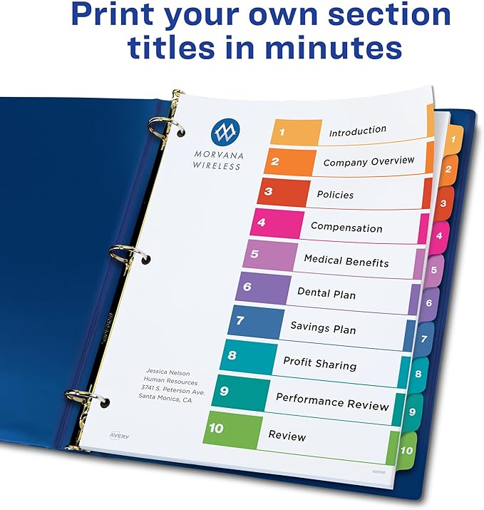 Avery 10 Tab Dividers for 3 Ring Binders, Customizable Table of Contents, Multicolor Tabs, 24 Sets (11169)
