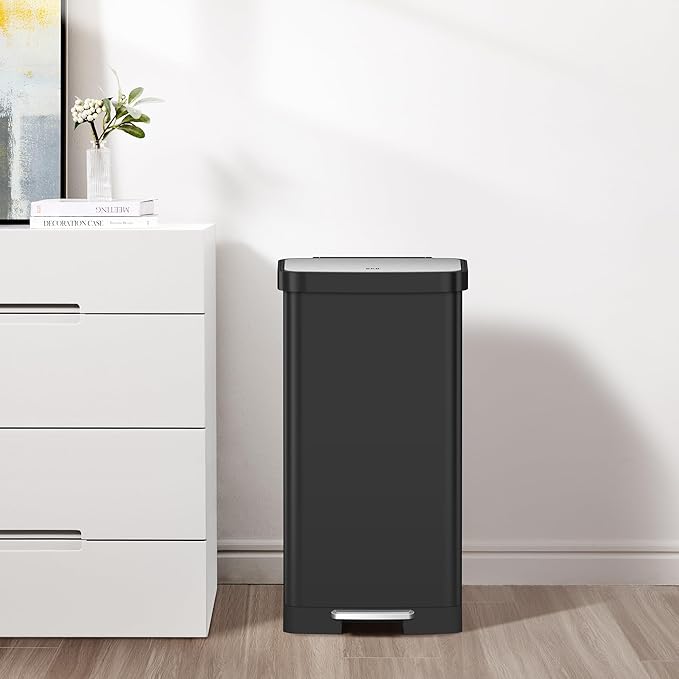 EKO Hudson Matte Stainless Steel 75 Liter/20 Gallon Large Kitchen Trash Can, Tall Step Garbage Can with Rear Bag Storage Compartment (Matte Black)