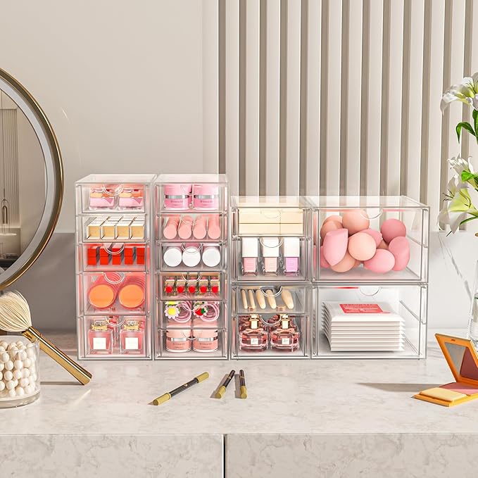 Makeup Acrylic Organizer with 17 Drawers(4 Sets), Desk Organizers and Accessories, Clear Makeup Organizer, Dustproof Storage Drawers for Office Art Craft Supplies