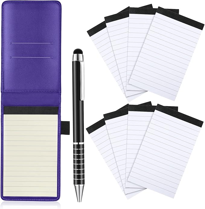 Outus 10 Pcs Pocket Notebook with Pen Set Included Mini Pocket Notepad Holder with 50 Lined Sheets, Metal Pen, 8 Pcs 3 x 5 Inch Memo Book Refills, 30 Lined Paper Per Note Pad (Purple)