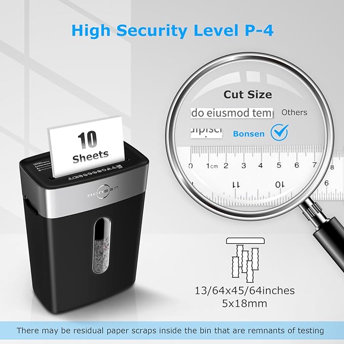 BONSEN Paper Shredder for Home Office, 10-Sheet Cross-Cut Shredder, P-4 High Security Level, Quiet Credit Card Shredder with Jam Proof System, 4 Gallons Bin (S3201)