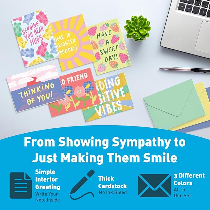 Sweetzer & Orange S&O Fun Thinking of You Cards with Envelopes - Colorful Notes Pack of 24 Box - Blank Inside Encouragement Cards with Covers- Bulk Boxed Greeting sheets in various Designs-4x5.5"