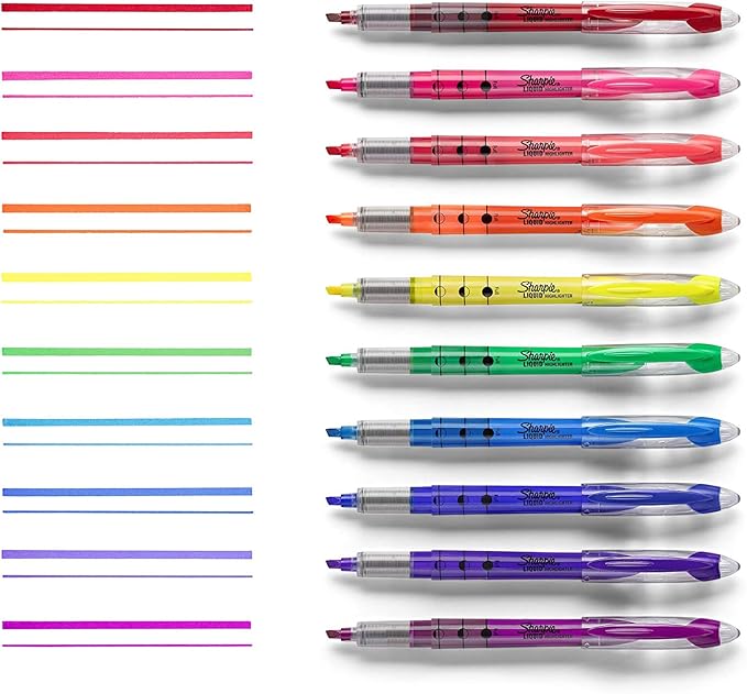 Sharpie Liquid Highlighter, Chisel Tip Highlighters, Journaling Supplies, Study Supplies, Assorted Colored Highlighters, 10 Count