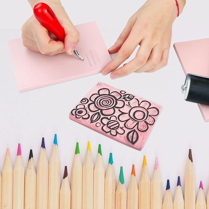 4 Pack Rubber Block Stamp Carving Blocks with Cutter Tools and Rubber Brayer Roller for Printmaking and More Crafts