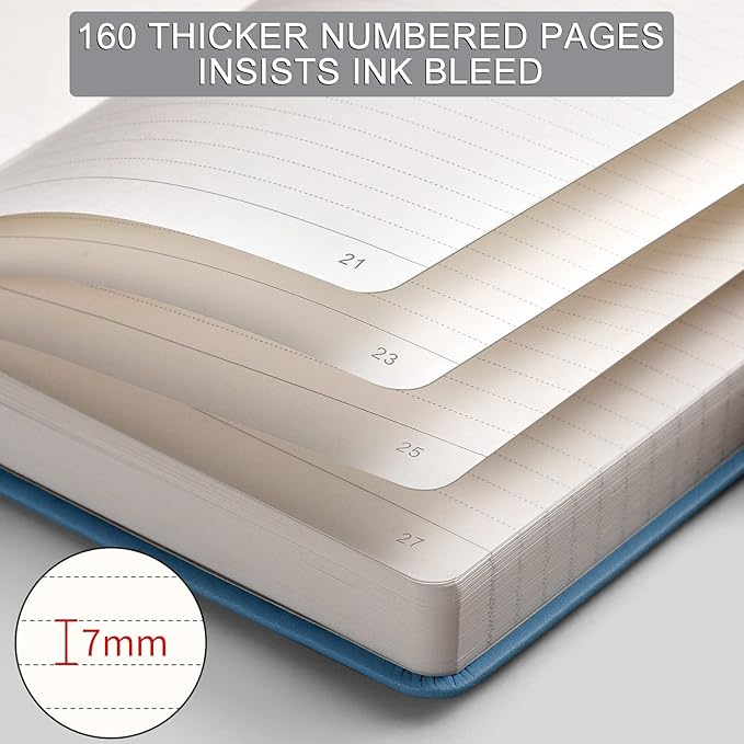 AHGXG Thick Notebook College Ruled, 320 Numbered Pages Lined Journal for Writing, A5 Notebooks for Work, 100gsm Paper, Faux Leather Hardcover, for Women, Men, Note-Taking, 5.75'' X 8.38''-LightBlue