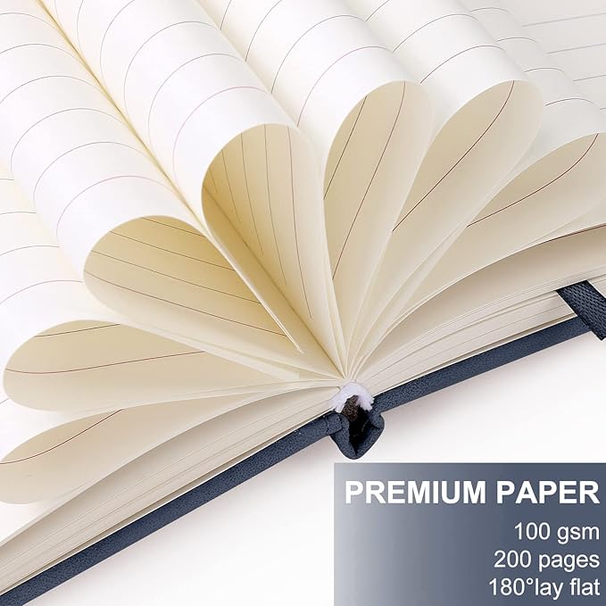 A5 Leather Journal Notebook with Pen, 200 Pages Hardcover Journal with Pocket, 100gsm Thick Lined Paper Daily Diary for Men and Women, Great Gift for Business School Travel Personal - Blue