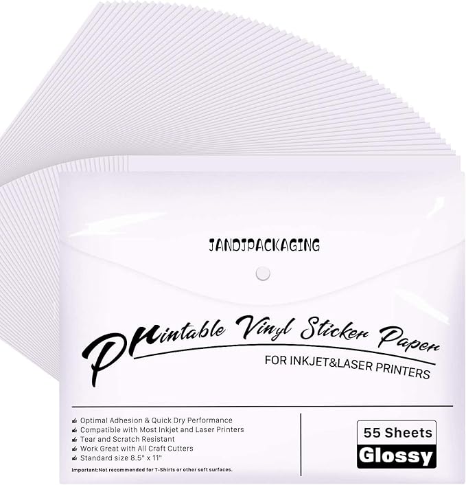 JANDJPACKAGING Premium Printable Vinyl Sticker Paper - for Inkjet and Laser Printer - 55 Pack Glossy White Waterproof Inkjet Printable Vinyl - 140 g Dries Quickly and Holds Ink Beautifully