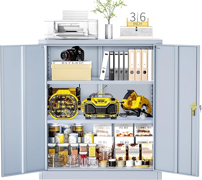 Greenvelly Metal Garage Storage Cabinet, Lockable Metal Cabinets with 2 Doors and Shelves,36”Steel Storage Locking Counter Cabinet for Office,Garage,Kitchen,Home,School(Dark Grey)