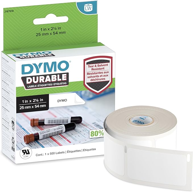 DYMO LabelWriter Durable Laboratory and Medical Labels, 25 mm x 54 mm, 500 Labels