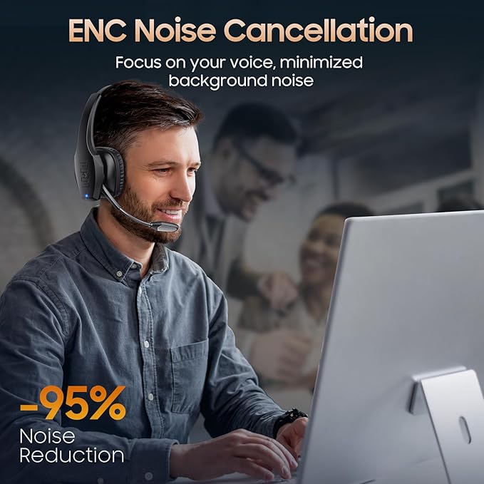 Trucker Bluetooth Headset, Wireless Headset with Mic, Bluetooth Headsets with Dual Noise Cancelling Microphone & Mute Button, 55Hrs Working Time PC Headsets for Cell Phones, Computer, Truck Driver