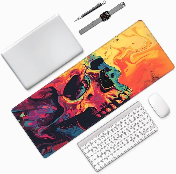Gaming Mouse Pad Desk Pad,Extended Big Mouse Pad,31.5x11.8 Inch Long Computer Keyboard Mouse Mat Mousepad with 3mm Non-Slip Base and Stitched Edge for Gaming and Office… (Watercolor Skull)