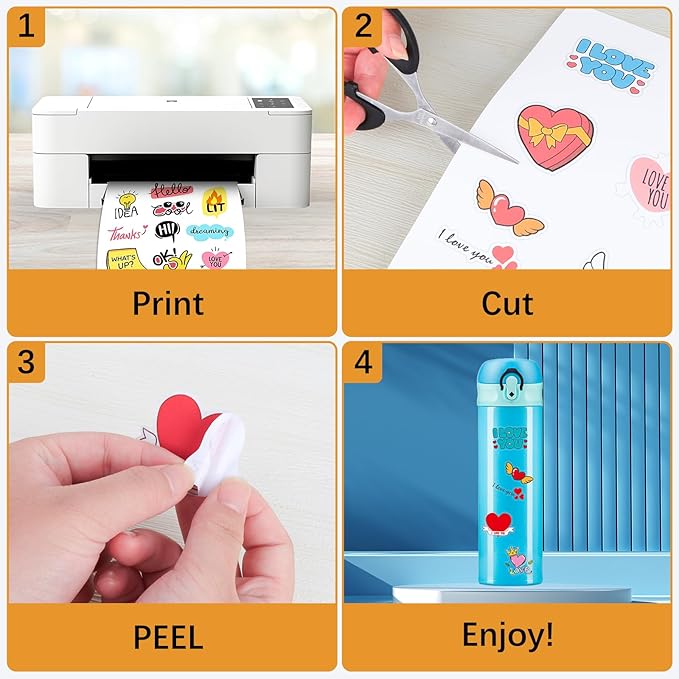 60 Sheets Premium Printable Vinyl Sticker Paper for Inkjet Printer, Glossy White Waterproof, Dries Quickly, Vivid Colors, Tear Resistant, 8.5x11 Inkjet Vinyl Sticker Paper Great for Cutting Machines