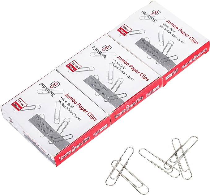 PAPERPAL Jumbo Paper Clips Nonskid, 300 Large Paper Clips (3 Boxes of 100 Each), Paperclips for Office School & Personal Use, Daily DIY, 2" Silver Heavy Duty Non-Skid Paper Clips Jumbo Size