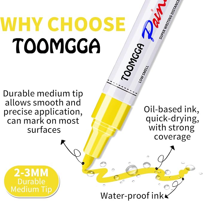 Yellow Permanent Paint Pens Paint Markers - 6 Pack Oil Based Markers, Quick Drying and Waterproof Marker Pen, Car Tire, Metal, Rock Painting, Wood, Ceramic, Plastic, Canvas, Mugs, Medium Tip