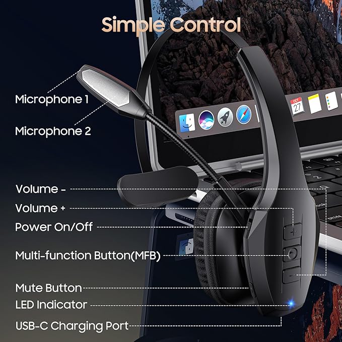 Trucker Bluetooth Headset, Wireless Headset with Mic, Bluetooth Headsets with Dual Noise Cancelling Microphone & Mute Button, 55Hrs Working Time PC Headsets for Cell Phones, Computer, Truck Driver