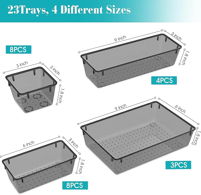 23 PCS Clear Plastic Drawer Organizers Set, 4 Size Desk Drawer Organizer Trays for Makeup, Jewelry, Kitchen Utensils, Gadgets and Office Accessories, Black