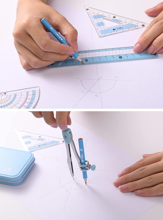 8 Pcs Compass/Math Set for Students with Shatterproof Storage Box, Geometry Set for School, Includes Ruler, Protractor, Compass, Pencil,Pencil Sharpener and Eraser,etc. Perfect Gift