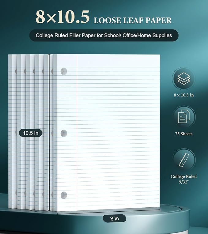 College Ruled Loose Leaf Paper, 6 Pack Notebook Paper 8x10.5 Lined Paper, Filler Paper for 3 Ring Binders, Writing Pads 75 Sheets Per Notepad Double-Side Printed Lined Paper College Ruled for Home