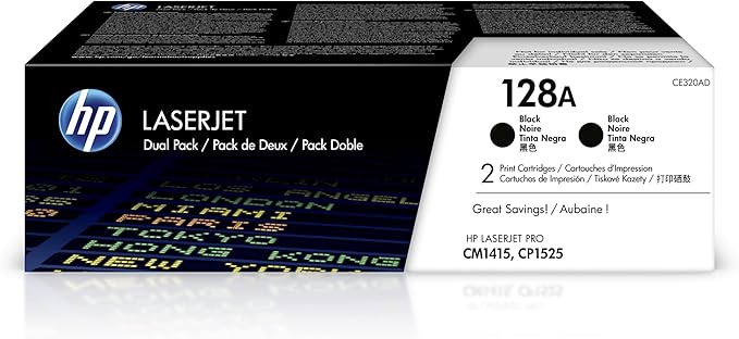 HP Original 128A Black Toner Cartridges (2-pack) | Works with LaserJet Pro CM1415 Color, CP1525 Color Series | CE320AD