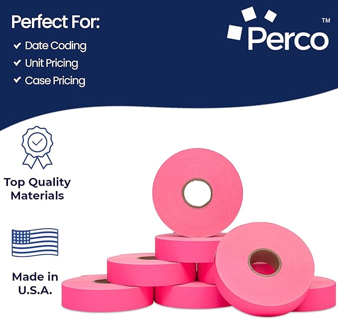 Perco Fluorescent Pink Pricing Labels for Monarch 1136 Price Gun - 8 Rolls, 14,000 Pricemarking Labels - with Bonus Ink Roll Included