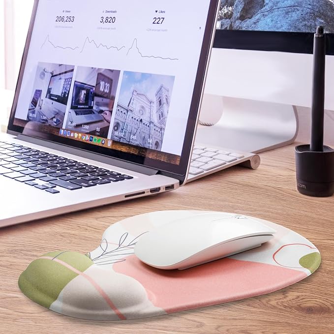 JIKIOU Mouse Pad, 2 Pack Ergonomic Mouse Pads with Comfortable Gel Wrist Rest Support and Lycra Cloth, Non-Slip PU Base for Easy Typing Pain Relief Durable and Easy to Clean Small Rose
