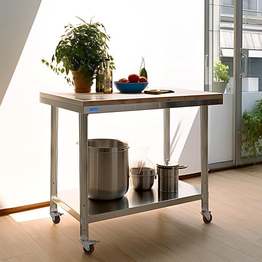 Stainless Steel Table for Prep & Work with 4 Caster Wheels with Undershelf 24 x 48 NSF Metal Commercial Kitchen Adjustable Under Shelf Worktable for Restaurant Home Outdoor
