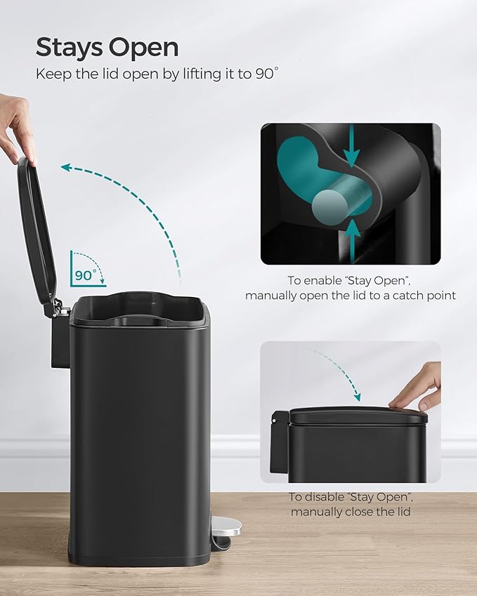 SONGMICS Trash Can, Garbage Can with Lid, 5.2-Gallon (20L) Step Trash Bin for Kitchen, Stainless Steel, Soft Close and Stays Open, Inner Bucket, Includes 15 Trash Bags, Black ULTB543B01