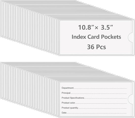 36 Pack Adhesive 10.8" x 3.5" Index Card Pockets with Top Open for Loading, Clear Plastic Labels Holders for Storage Bins Library Card Totes Shelves