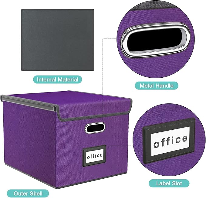 Huolewa Upgraded File Organizer Boxes with Lids, Linen Hanging Filing & Storage Boxes with Plastic Slides for Office/Decor/Hom, Universal Hanging Filing Organization Boxes for Letter/Legal Folder