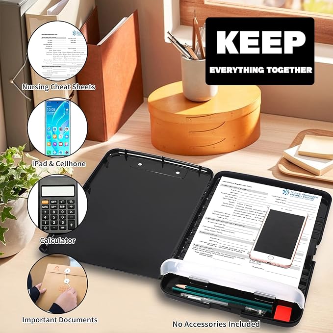 Clipboard with Storage, Large Capacity Nursing Clipboards with Low Profile Clip, Heavy Duty Plastic Storage Clipboard with Pen Holder, Side-Opening, Multifunctional Clipboard Case for Writing