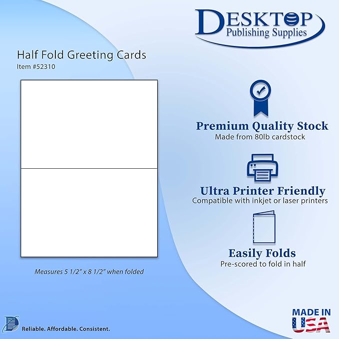 80lb White Half Fold Greeting Cards - 100 Cards - Desktop Publishing Supplies, Inc.™ Brand