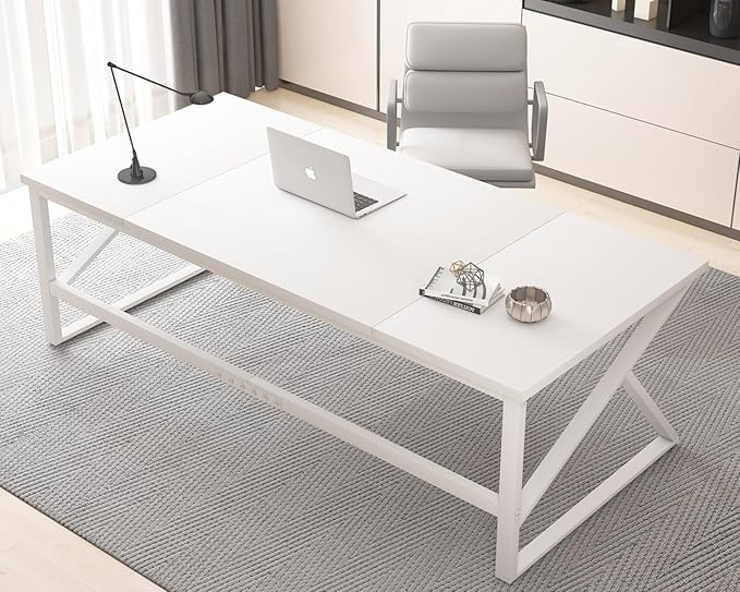 HSH 70 Inch Long White Computer Desk, Modern Large Executive Work Writing Study Gaming Desk for Home Office, Industrial Metal Wooden Two Person Desk Dual Monitor Workstation in Bedroom Living Room