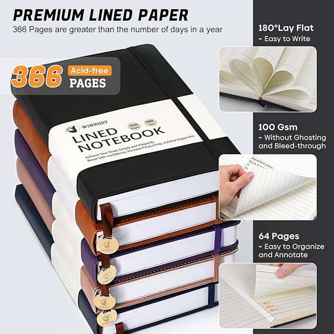 Lined Journal Notebook, 366 Pages, 100Gsm Leather Hardcover Journals for Writing Thick A5 College Ruled Classic Notebook with Pen Loop, Daily Journal for Women Men, 5.75'' X 8.38'', Black
